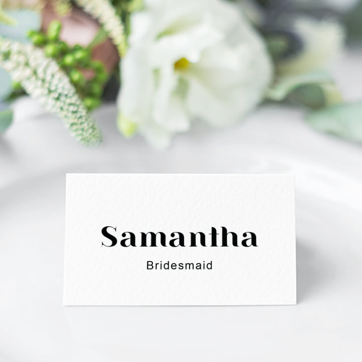 Modern wedding or event place card design as flat or folded place cards, printed in Australia on premium white card.