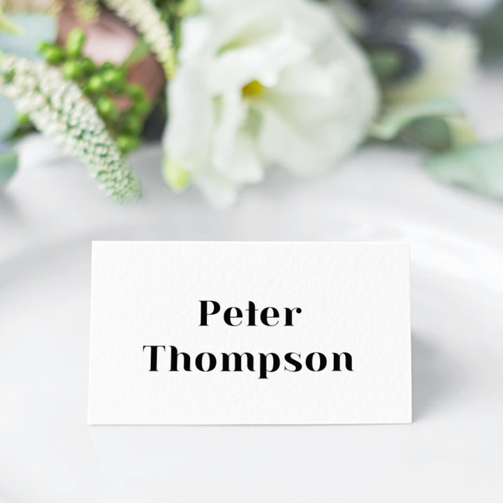 Modern wedding or event place card design as flat or folded place cards, printed in Australia on premium white card.