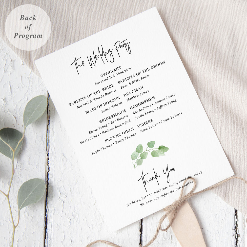 Wedding program, paddle fan program, green leaves and modern script font