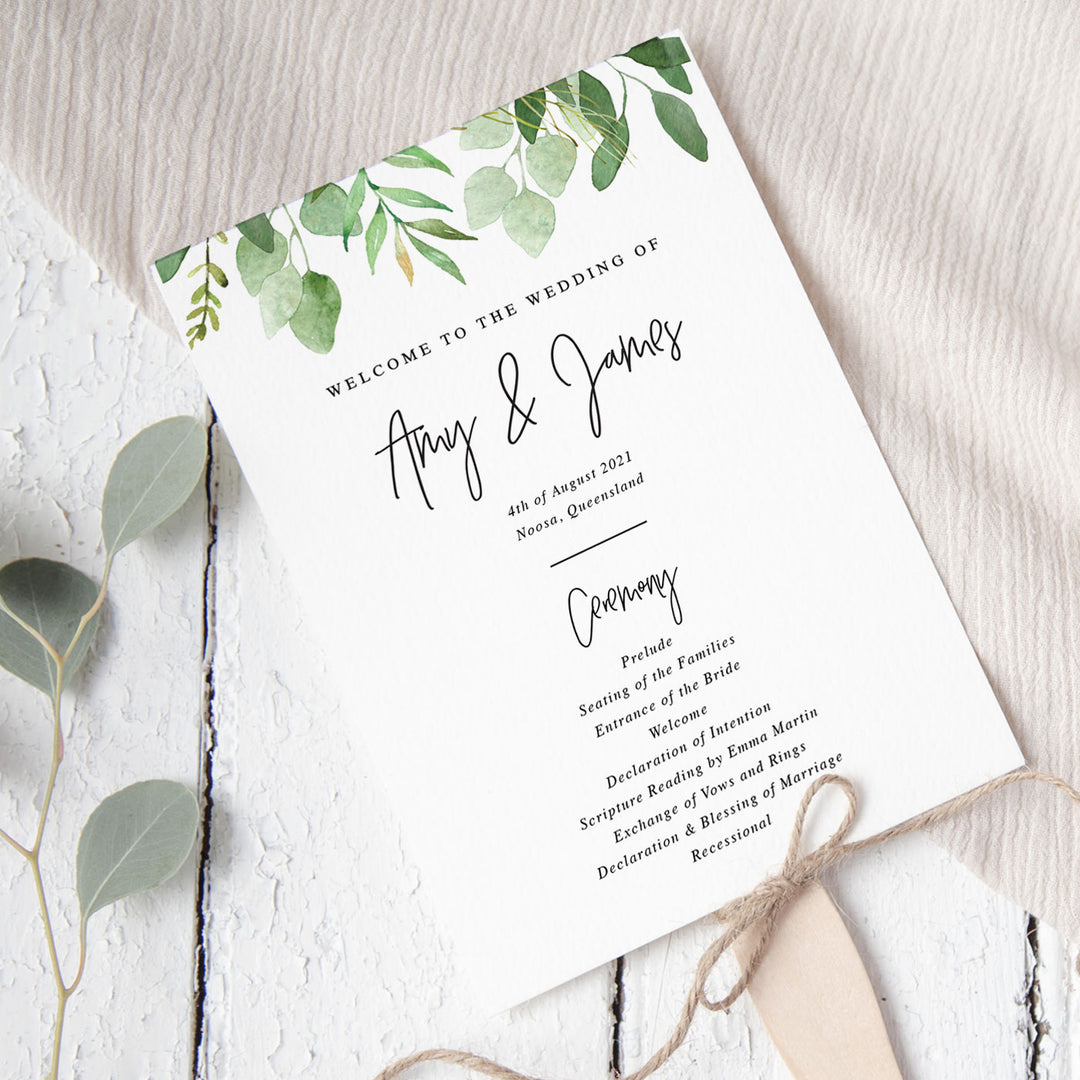 Wedding program, paddle fan program, green leaves and modern script font