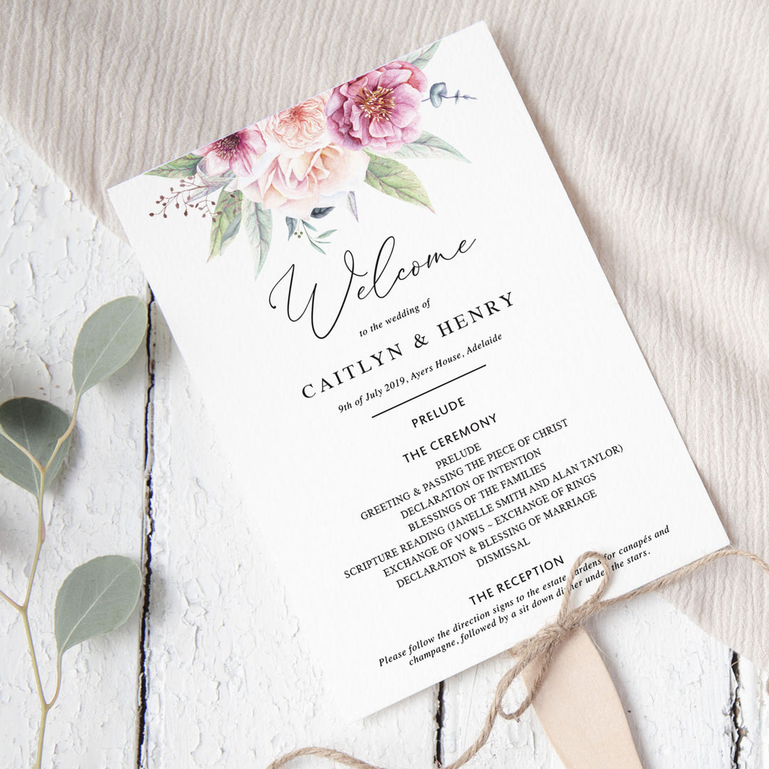 Elegant wedding ceremony program or order of servicedouble sided with pink florals and script font