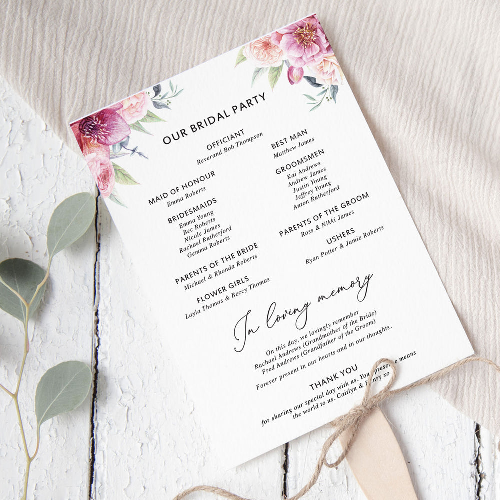 Elegant wedding ceremony program or order of servicedouble sided with pink florals and script font