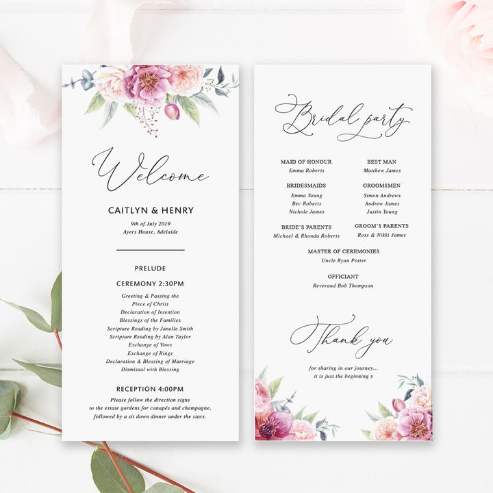 Elegant wedding ceremony program or order of servicedouble sided with pink florals and script font