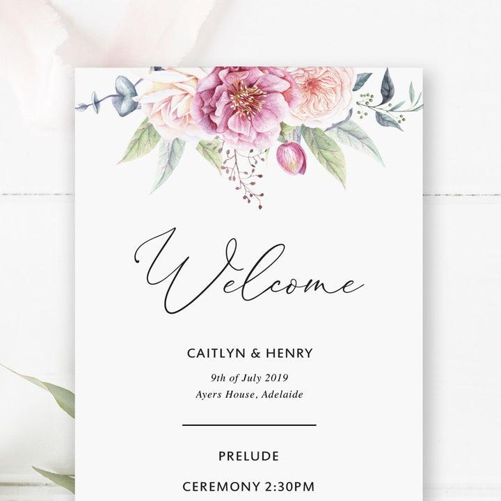Elegant wedding ceremony program or order of servicedouble sided with pink florals and script font
