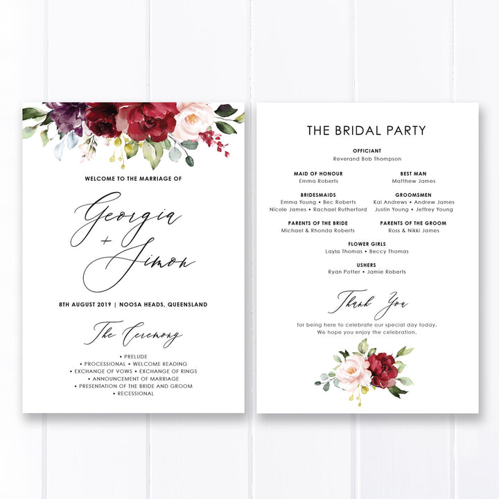 Wedding program, paddle fan program, bold red and pink florals