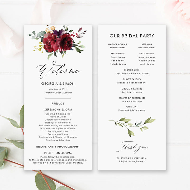 Wedding program, paddle fan program, bold red and pink florals