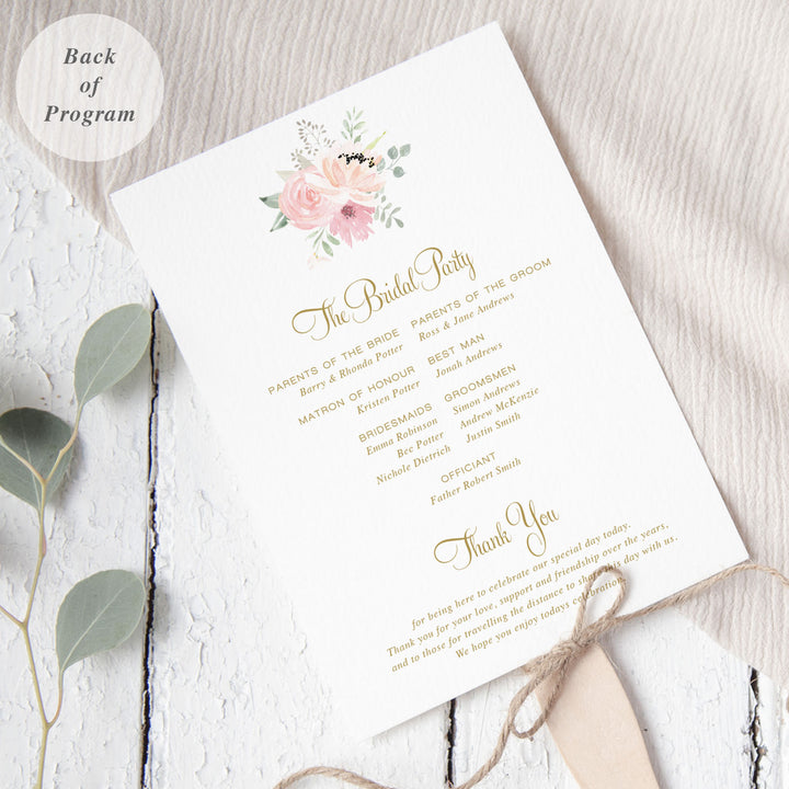 Pink floral watercolour wedding program paddle fan with gold text