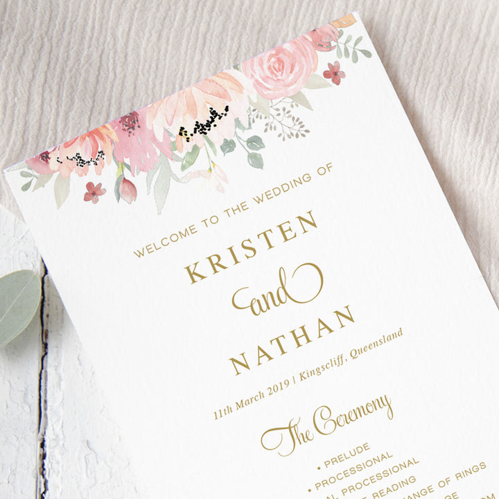 Pink floral watercolour wedding program paddle fan with gold text