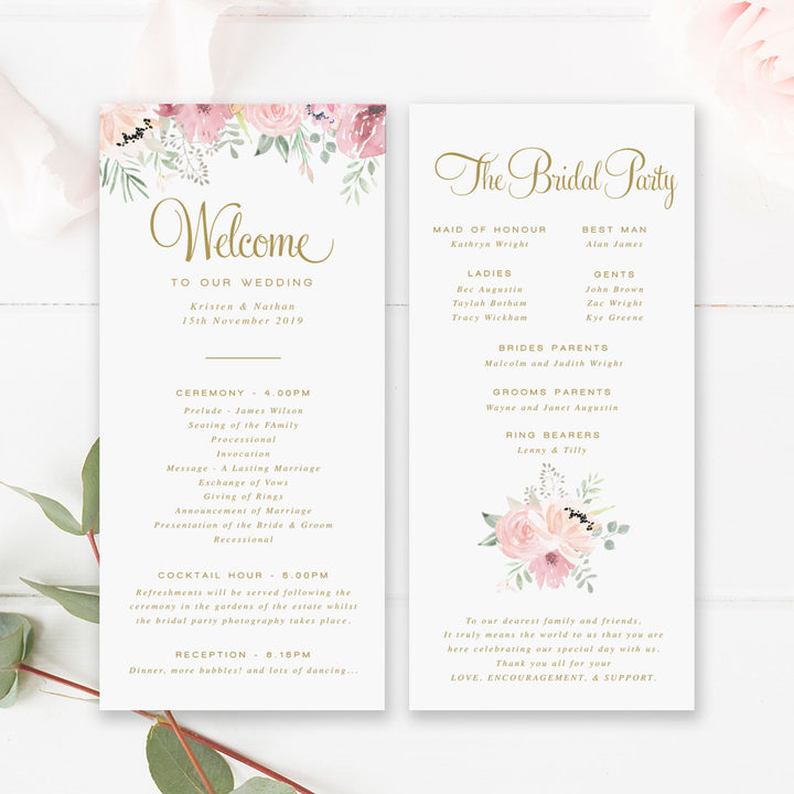Pink floral watercolour wedding program paddle fan with gold text
