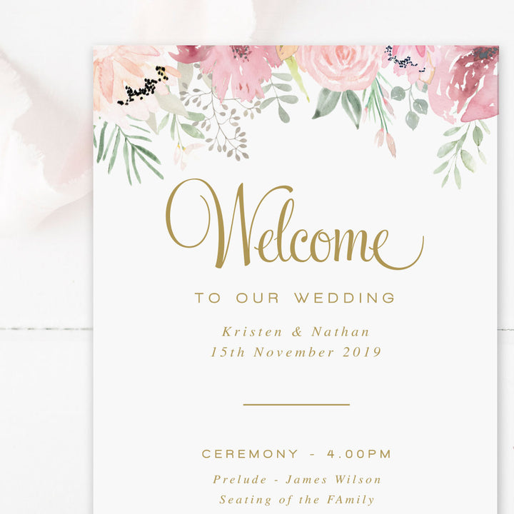 Pink floral watercolour wedding program paddle fan with gold text