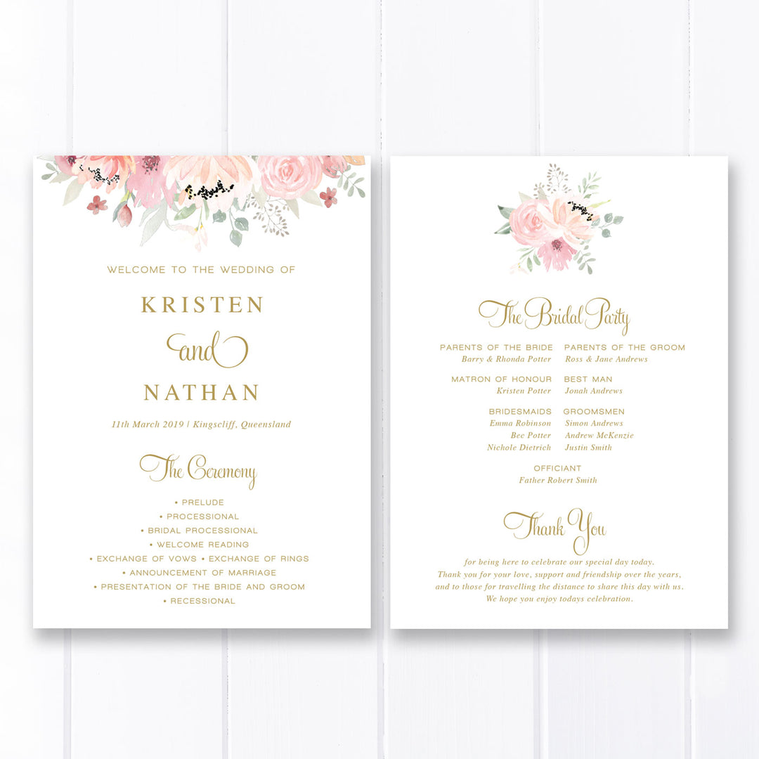 Pink floral watercolour wedding program paddle fan with gold text