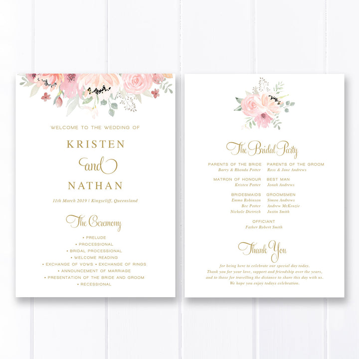 Pink floral watercolour wedding program paddle fan with gold text