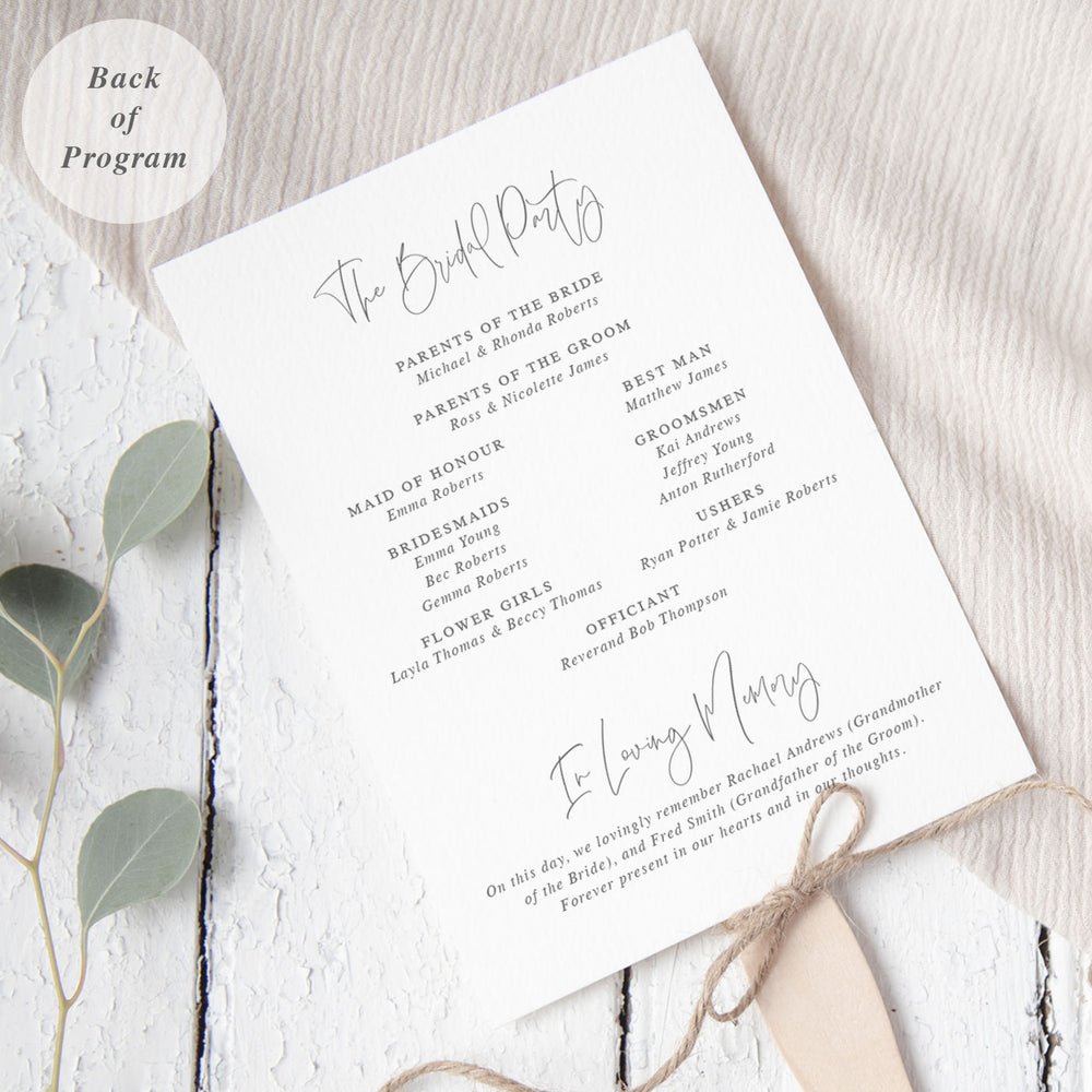 Wedding program in minimal style, grey and white with botanical hand drawn leaf and modern script font