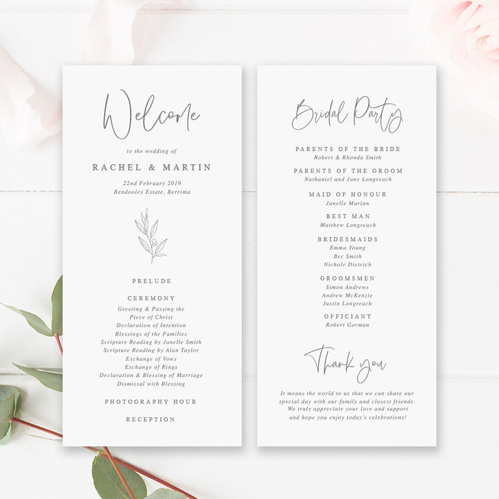Wedding program in minimal style, grey and white with botanical hand drawn leaf and modern script font
