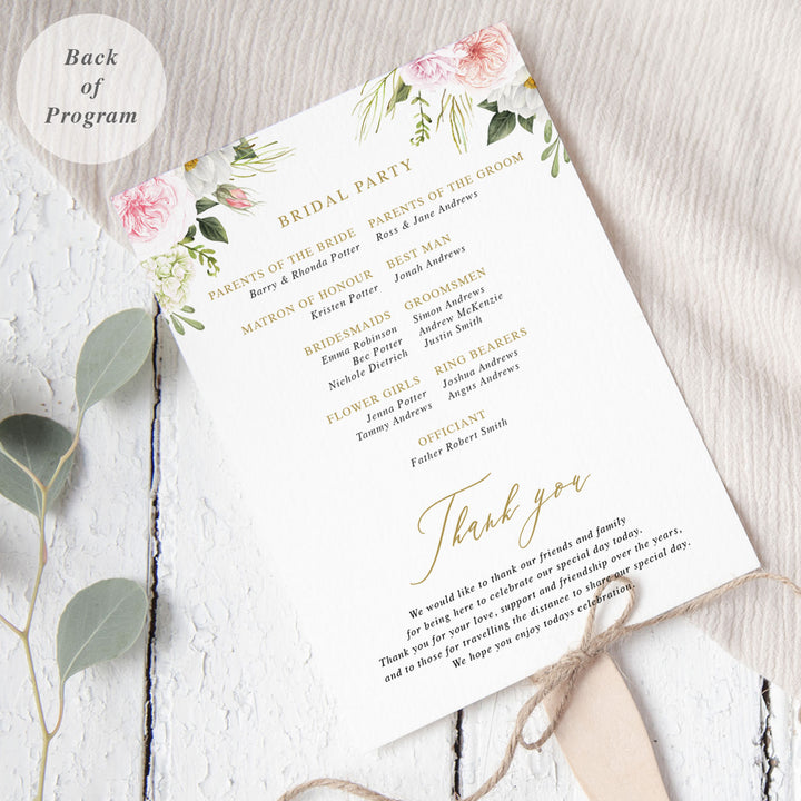 Wedding program with pink flowers, paddle fan program, gold calligraphy font