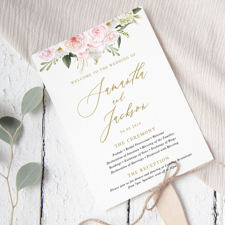 Wedding program with pink flowers, paddle fan program, gold calligraphy font