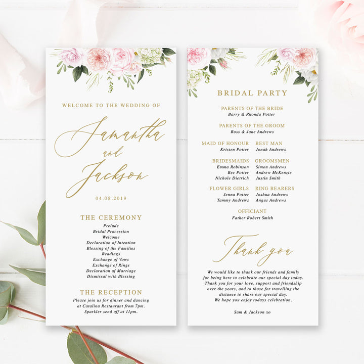 Wedding program with pink flowers, paddle fan program, gold calligraphy font