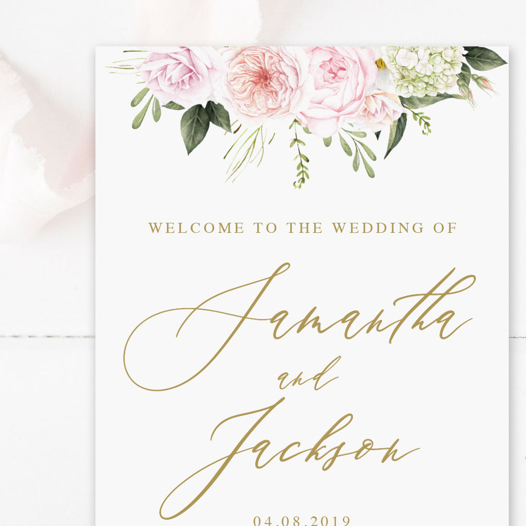 Wedding program with pink flowers, paddle fan program, gold calligraphy font