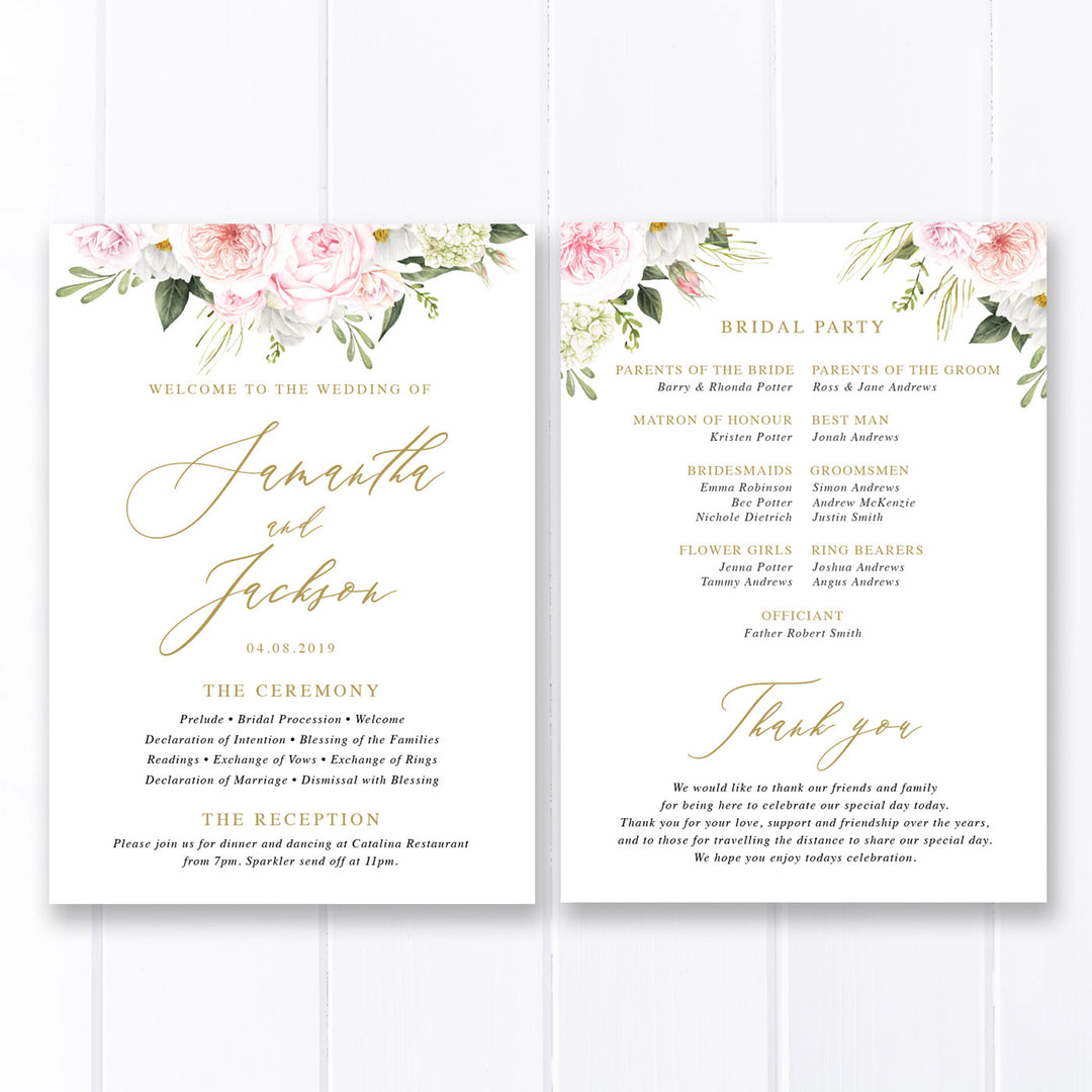 Wedding program with pink flowers, paddle fan program, gold calligraphy font