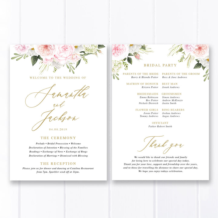 Wedding program with pink flowers, paddle fan program, gold calligraphy font