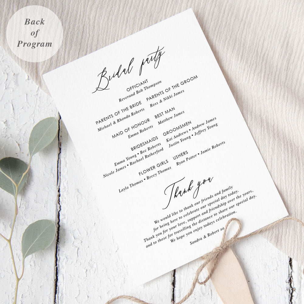 Wedding program with modern calligraphy