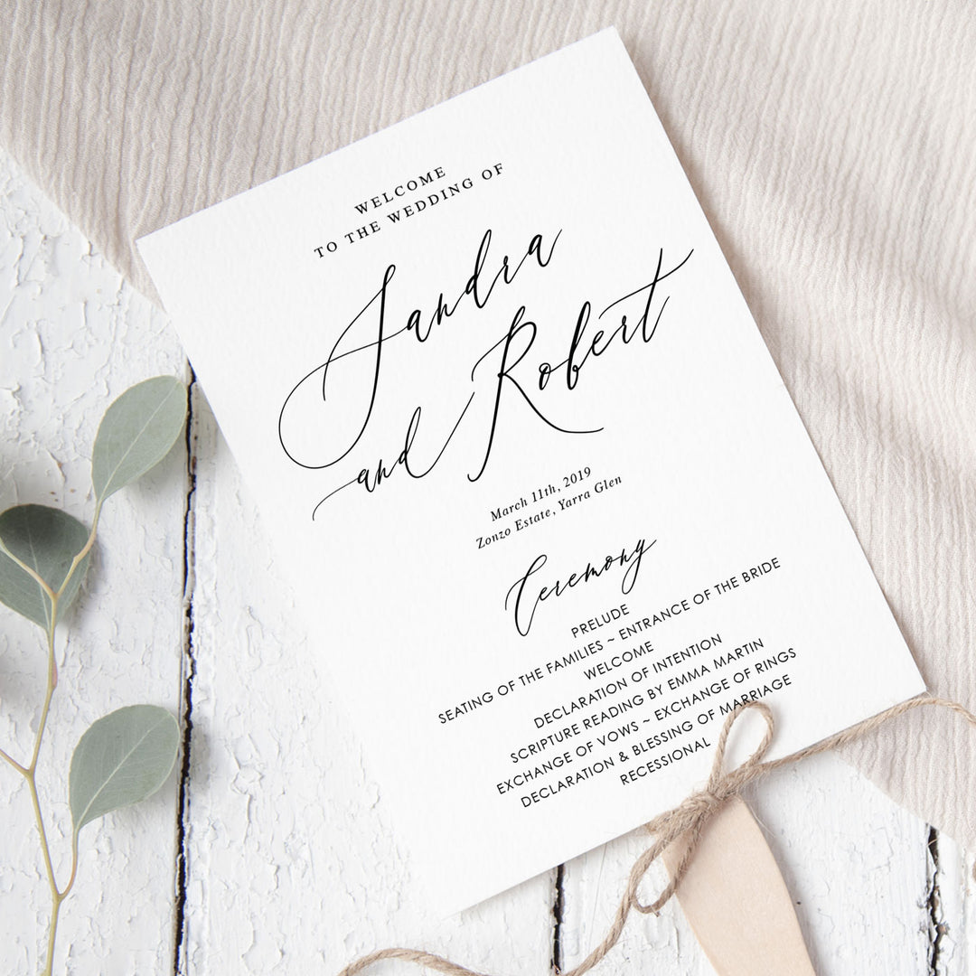 Wedding program with modern calligraphy