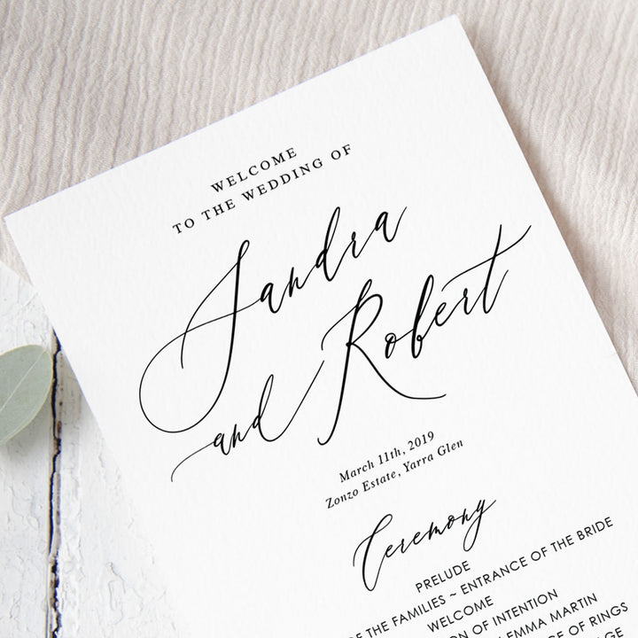 Wedding program with modern calligraphy, hand drawn wreath monogram