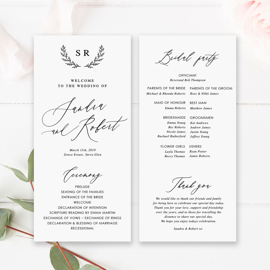 Wedding program with modern calligraphy, hand drawn wreath monogram