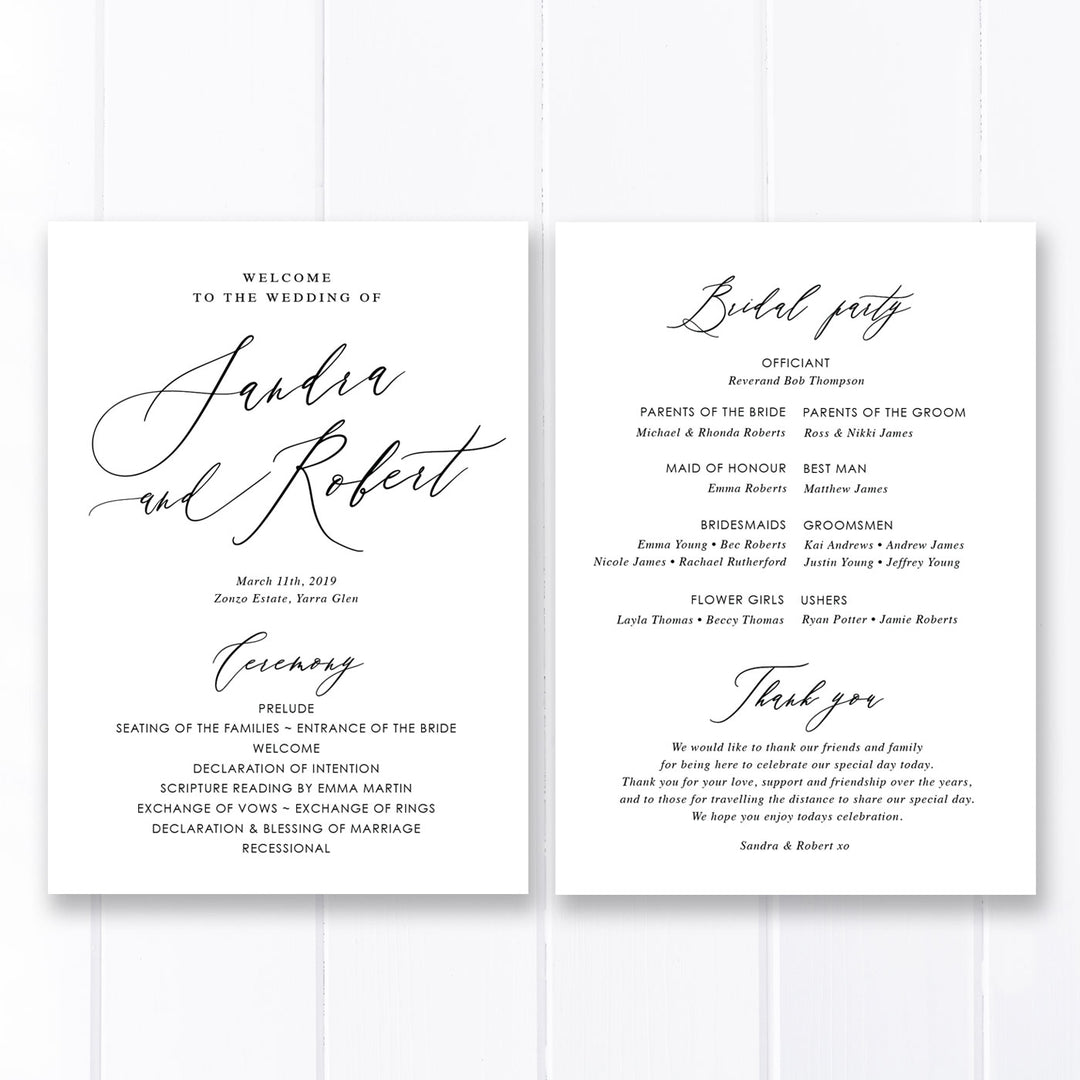 Wedding program with modern calligraphy
