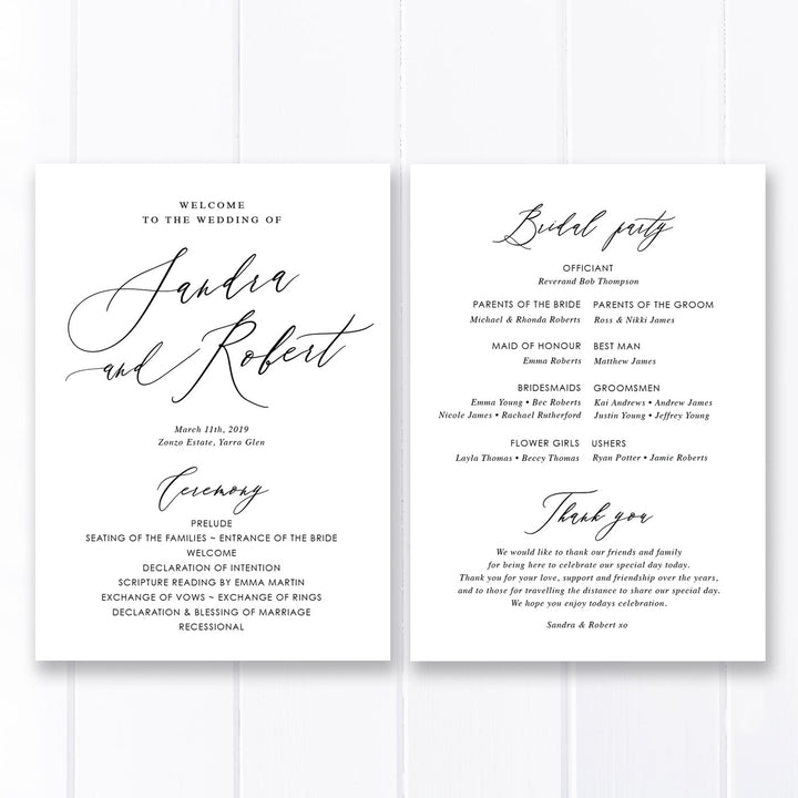 Wedding program with modern calligraphy
