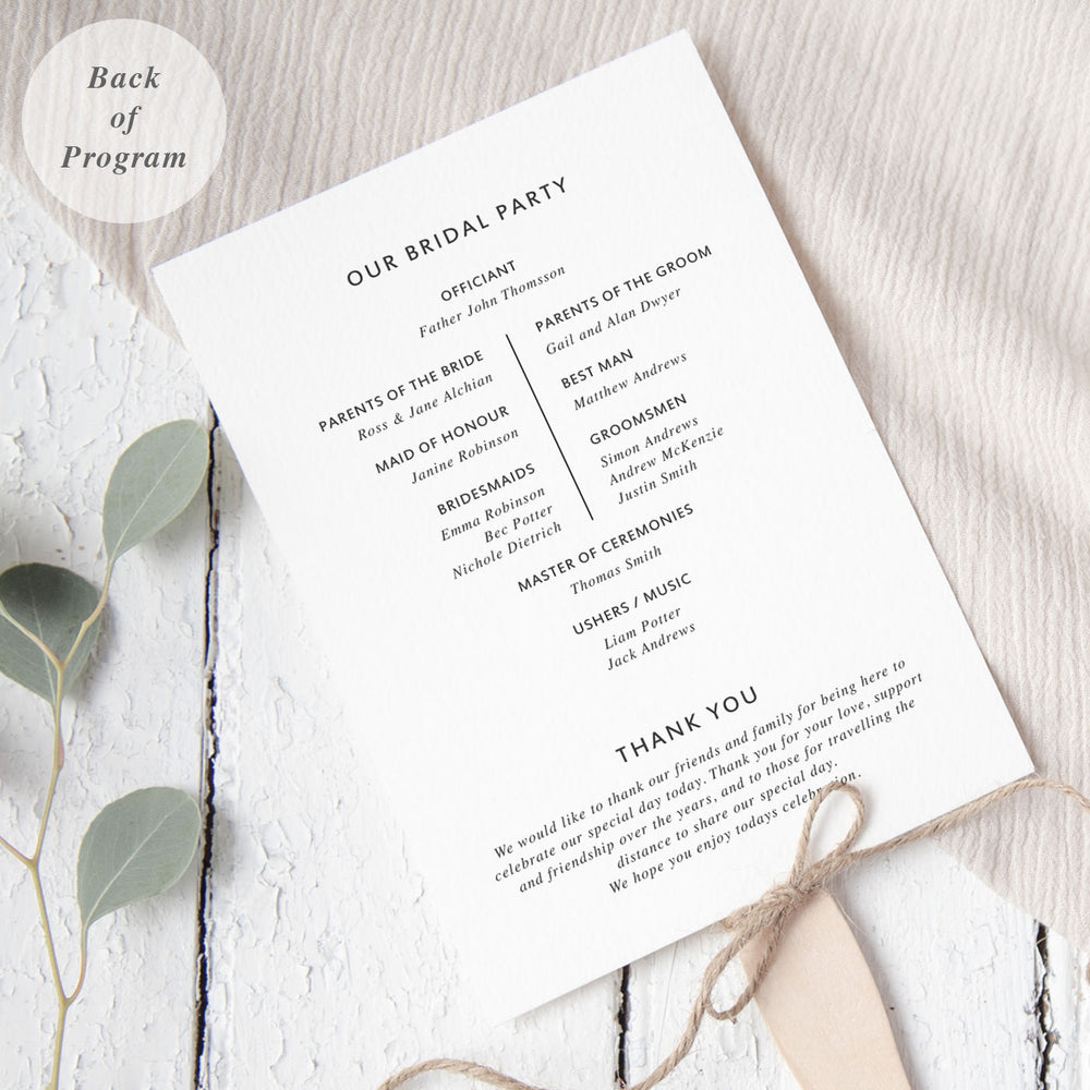 Minimal wedding ceremony program in charcoal and white with script font