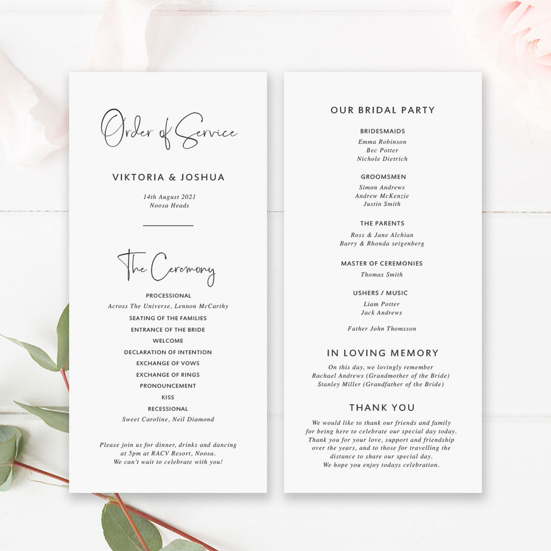 Minimal wedding ceremony program in charcoal and white with script font
