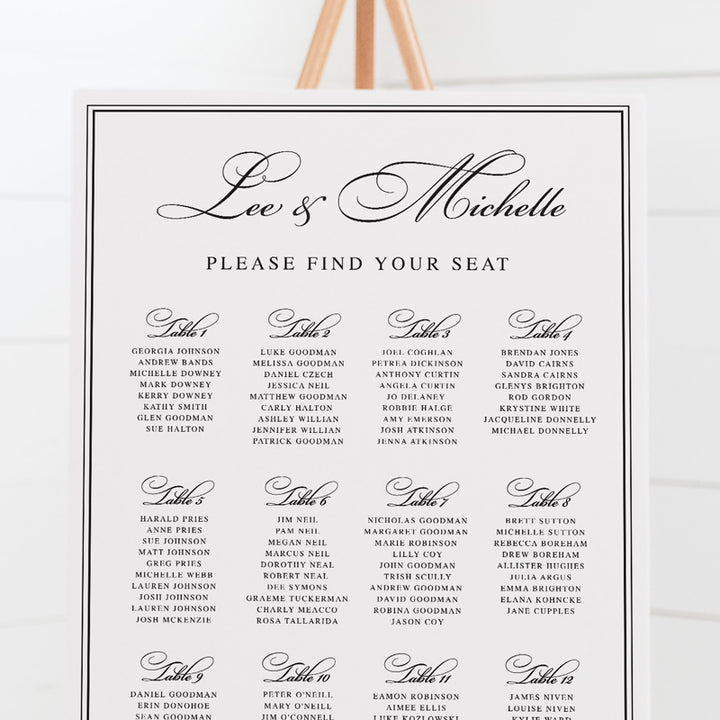 Wedding seating chart with traditional calligraphy font. Choose any colours for text.