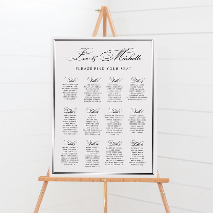 Wedding seating chart with traditional calligraphy font. Choose any colours for text.