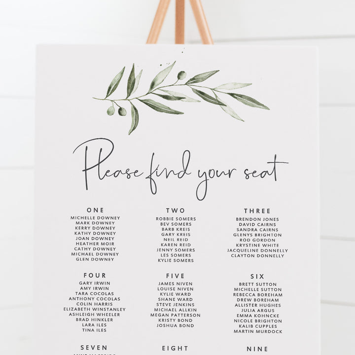 Rustic wedding seating chart with large watercolour olive branch and modern script font in charcoal