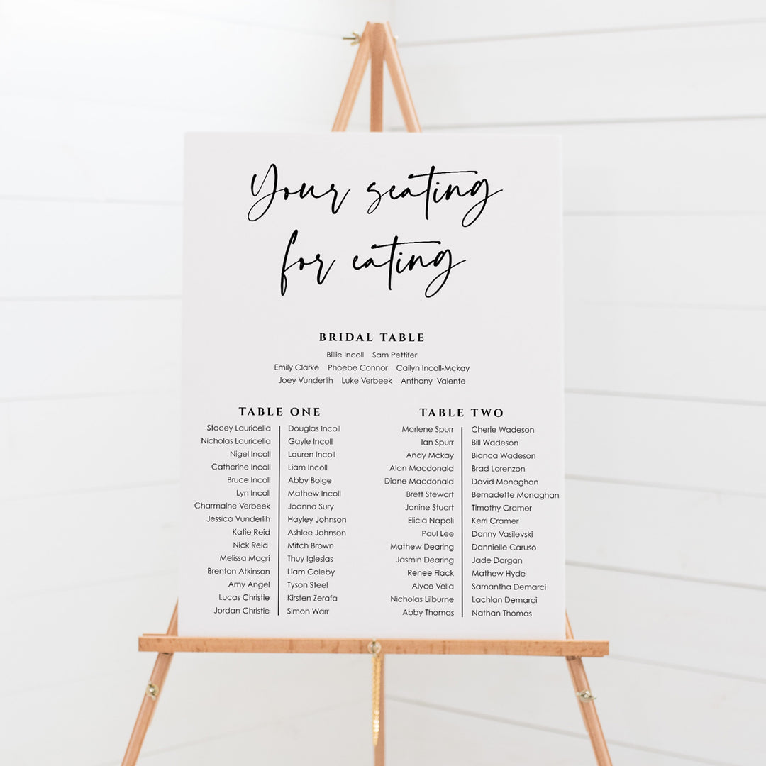 Wedding seating chart with modern script font in banquet layout in any colour combination