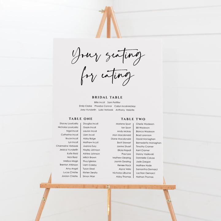 Wedding seating chart with modern script font in banquet layout in any colour combination