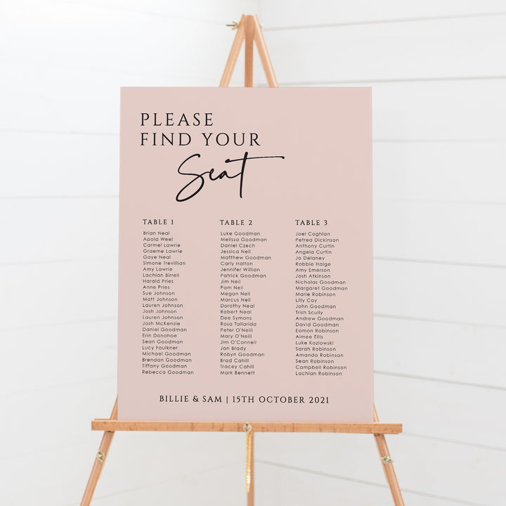 Modern wedding seating chart in blush pink with black writing. Please find your seat. Banquet table layout designed and printed in Australia by Peach Perfect.