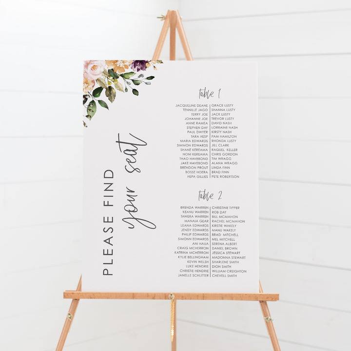 Wedding seating chart board with bohemian vibe, neutral soft watercolour floral wreath and monogram