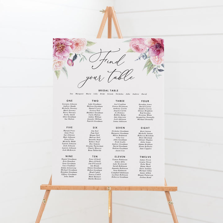 Wedding seating chart or guest name plan with calligraphy heading and soft pink flowers and greenery. Mounted to board for sitting on an easel.