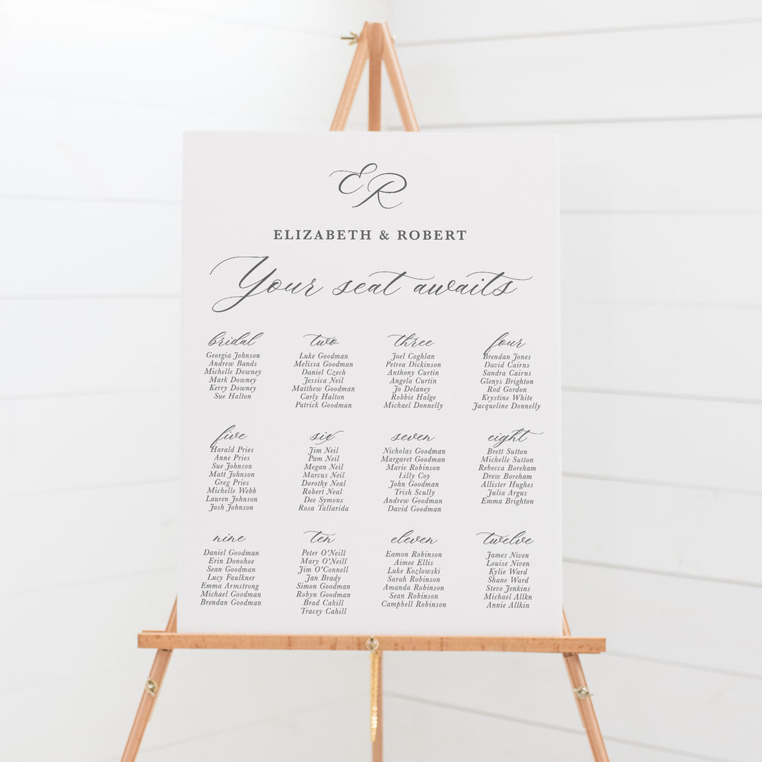 Wedding seating chart, guest name plan, features beautiful modern calligraphy font. Optional monogram board sign.