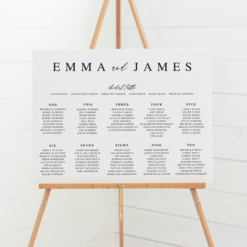 Black and white wedding seating chart, guest name plan sign Australia
