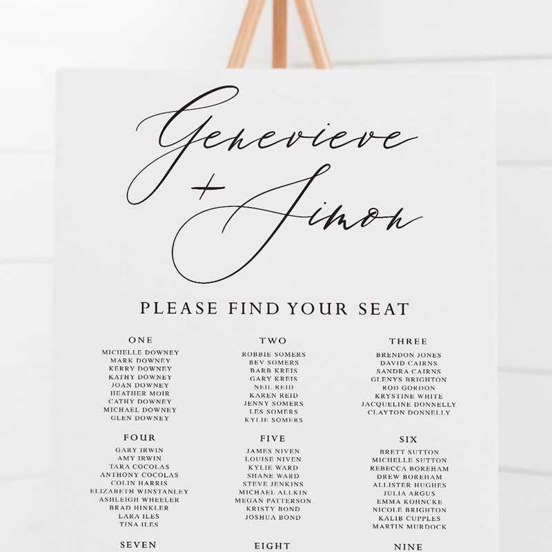 Wedding seating chart on board, black and white, large heading in script font