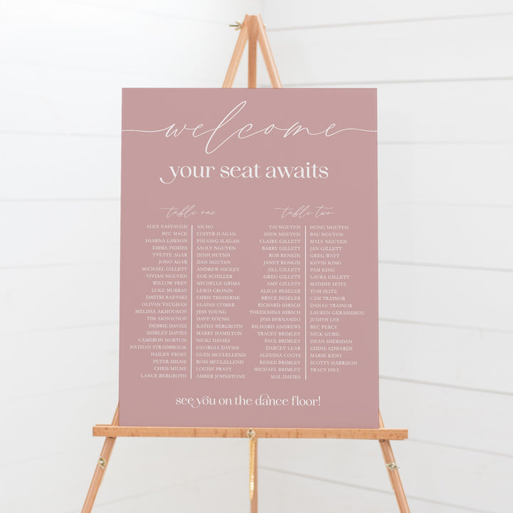 Modern wedding seating chart with calligraphy and bold fonts in dusty pink and white. Peach Perfect Australia. Your seat awaits.