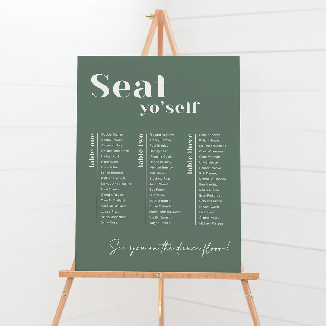 Modern wedding seating chart with Seat Yo Self heading in Banquet Layout. Green bacground with white text. Mounted to foam board or print your own budget design.