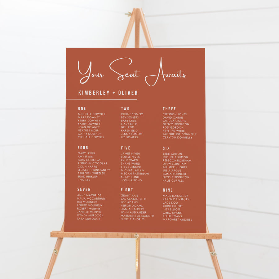 Tropical wedding seating chart or seating plan in bright colours and white. Printed on foamboard or acrylic for displaying on an easel. Peach Perfect Australia.