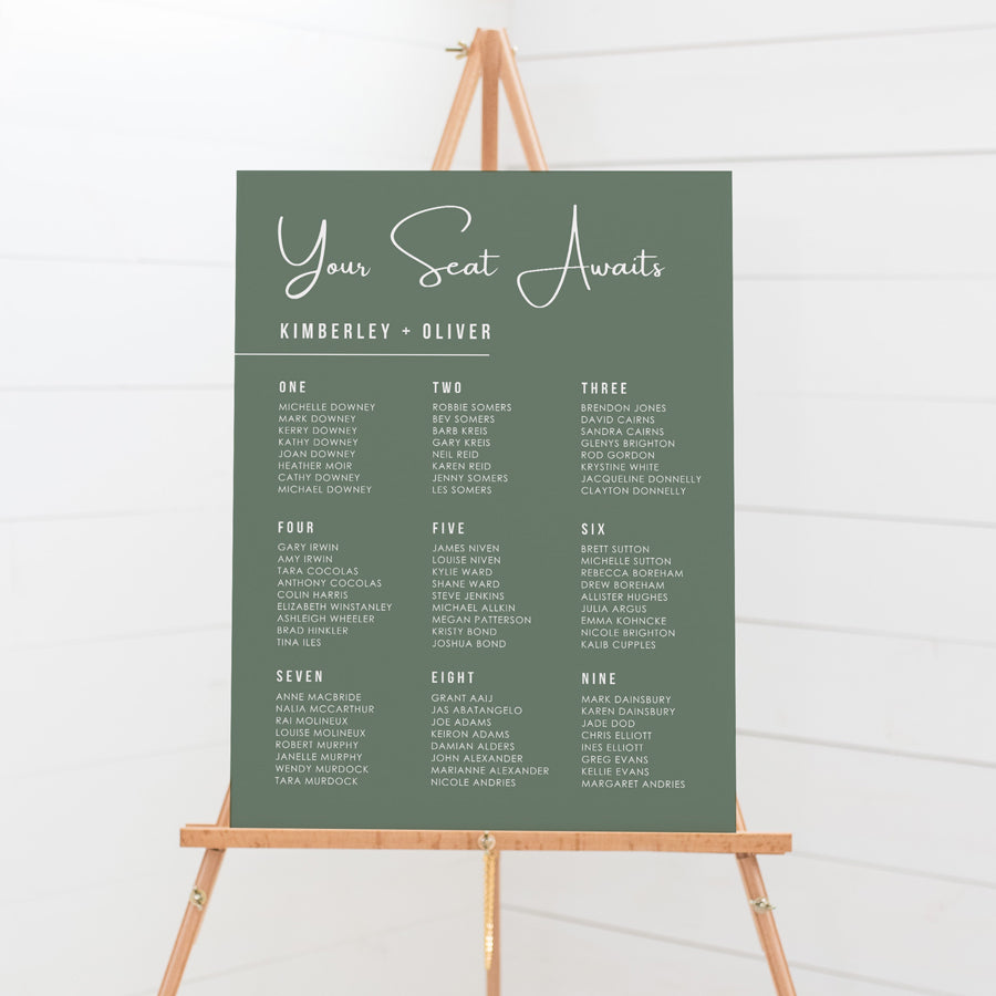 Tropical wedding seating chart or seating plan in seedling green and white. Printed on foamboard or acrylic for displaying on an easel. Peach Perfect Australia.