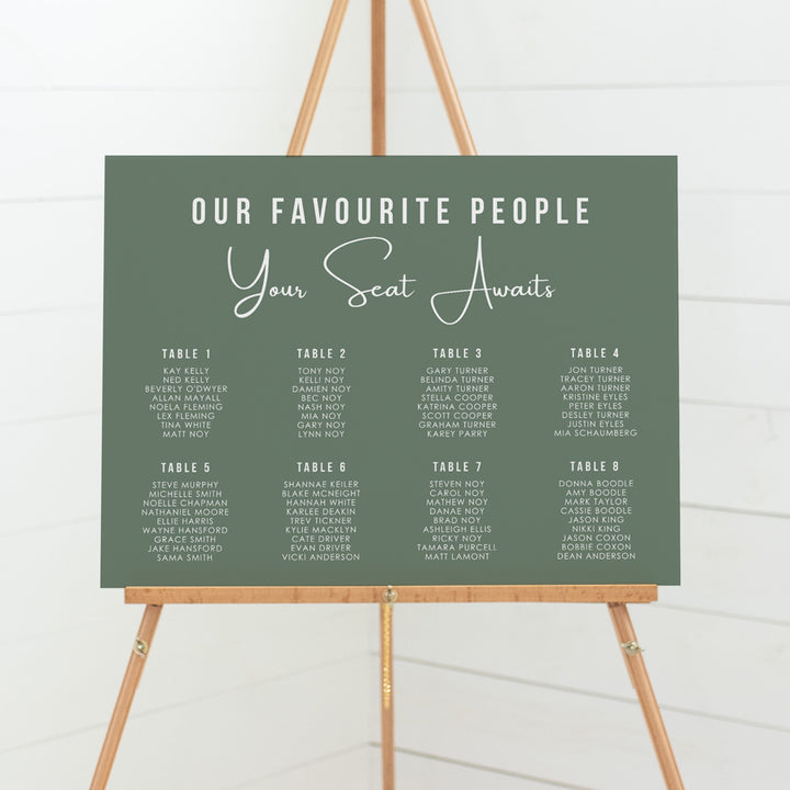 Tropical wedding seating chart or seating plan in seedling green and white. Printed on foamboard or acrylic for displaying on an easel. Peach Perfect Australia.