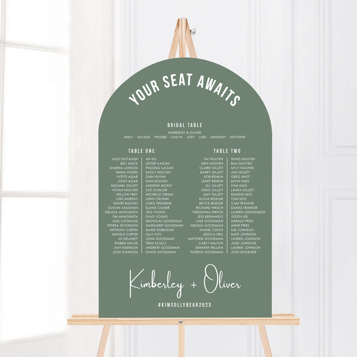 Arch wedding seating chart or seating plan in seedling green and white. Printed on foamboard or acrylic for displaying on an easel. Peach Perfect Australia.