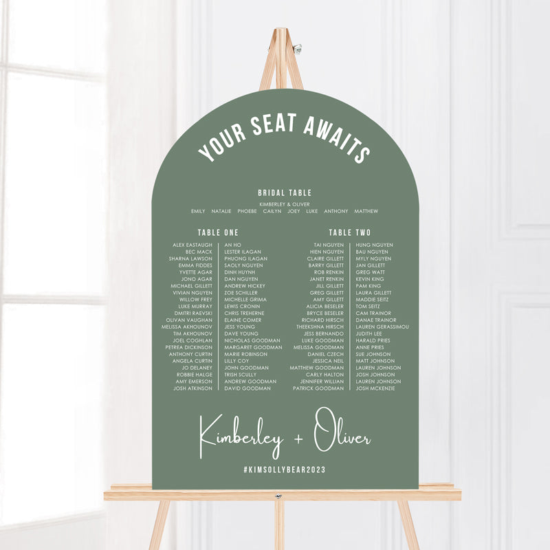 Arch wedding seating chart or seating plan in seedling green and white. Printed on foamboard or acrylic for displaying on an easel. Peach Perfect Australia.